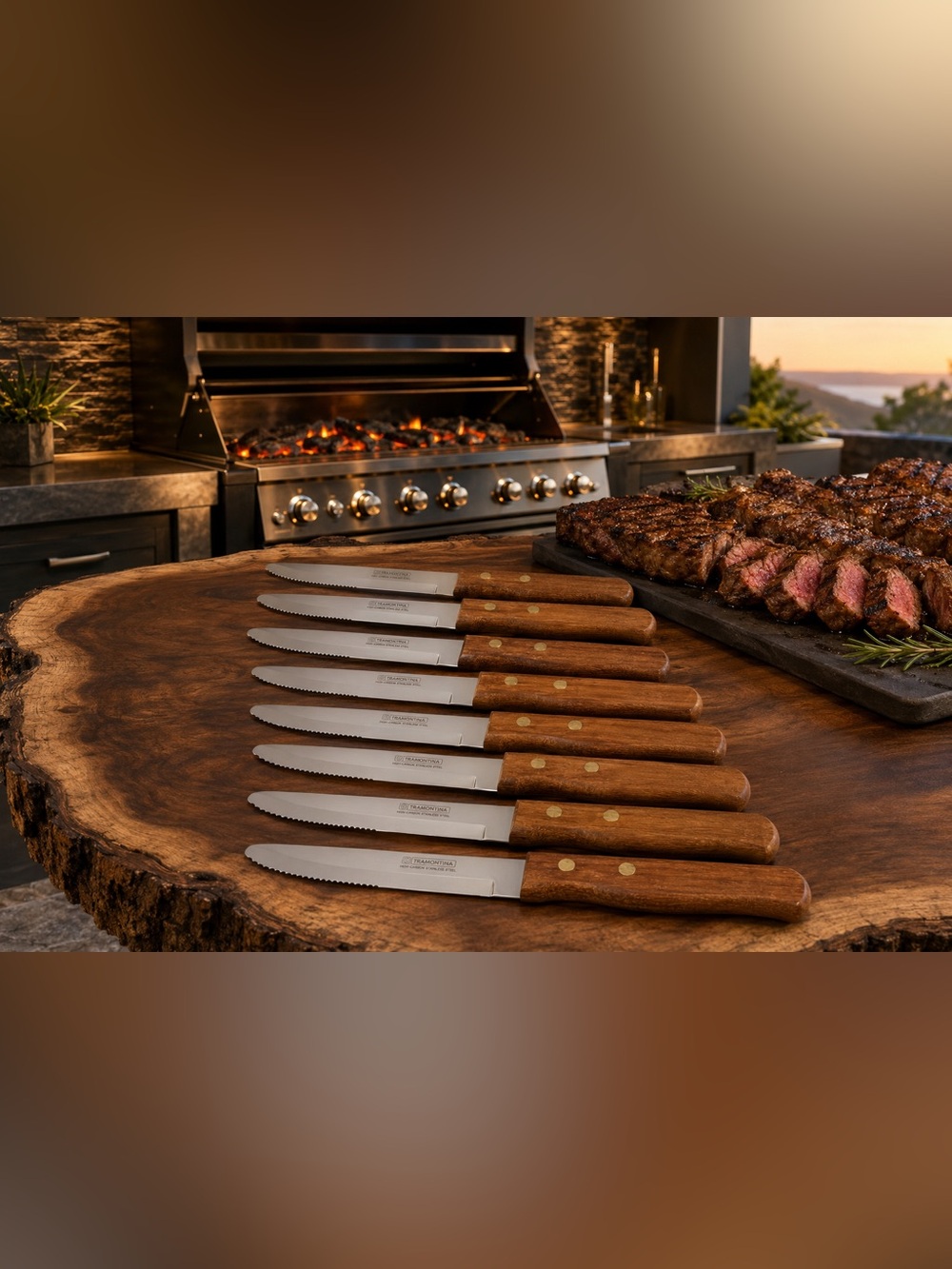 Tramontina Brand Porterhouse 8 Piece JUMBO SIZE Wood Handle Steak Knives Set NEW